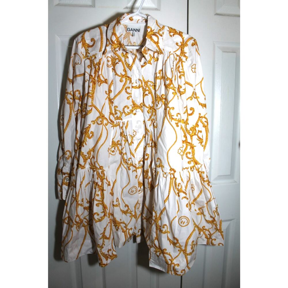 Ganni Rope Print Gathered Mini Shirt Dress sz 34 EU / 2 US - Picture 2 of 4